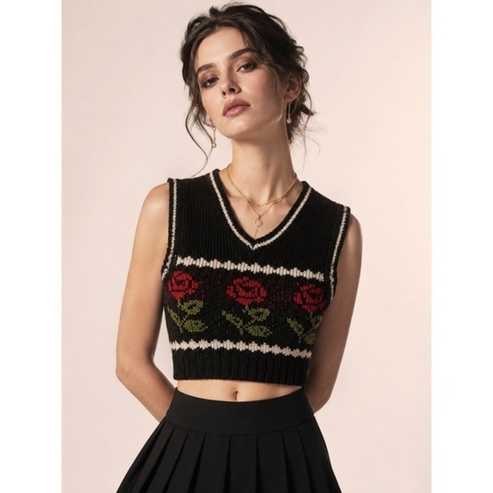 Kimchi Blue Sweater Vest Womens XS Black Excellent Rose Knit Whimsigoth Cropped